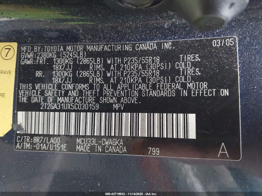 2005 Lexus Rx 330 VIN: 2T2GA31UX5C030159 Lot: 43719932