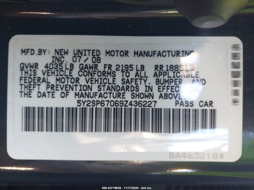 2009 Pontiac Vibe VIN: 5Y2SP67069Z436227 Lot: 43719936