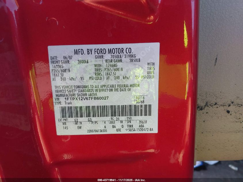 2007 Ford F-150 Lariat/Stx/Xl/Xlt VIN: 1FTPX12V67FB60027 Lot: 43719941