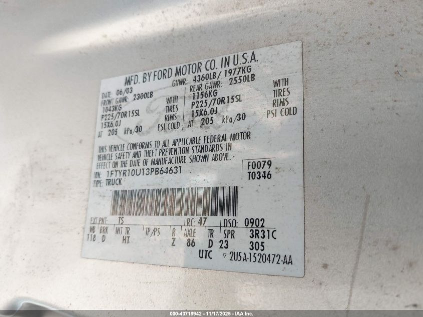 2003 Ford Ranger Edge/Xl/Xlt VIN: 1FTYR10U13PB64631 Lot: 43719942