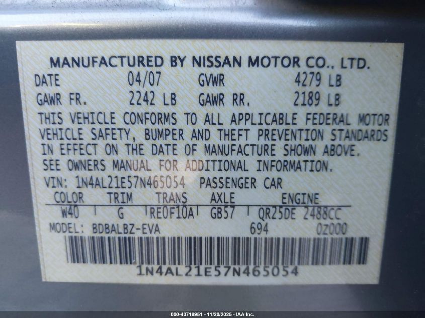 2007 Nissan Altima 2.5 S VIN: 1N4AL21E57N465054 Lot: 43719951