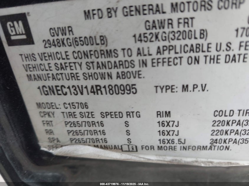 2004 Chevrolet Tahoe Ls VIN: 1GNEC13V14R180995 Lot: 43719976