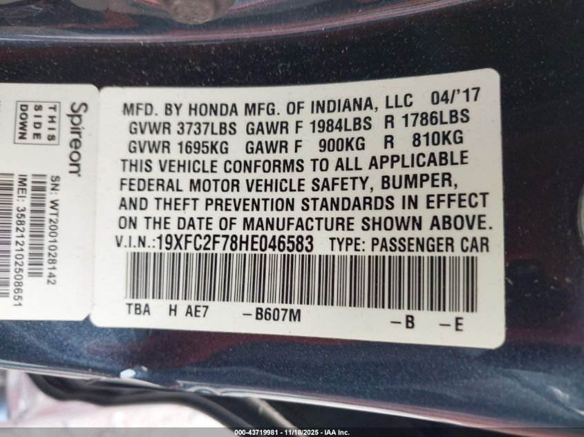 2017 Honda Civic Ex VIN: 19XFC2F78HE046583 Lot: 43719981