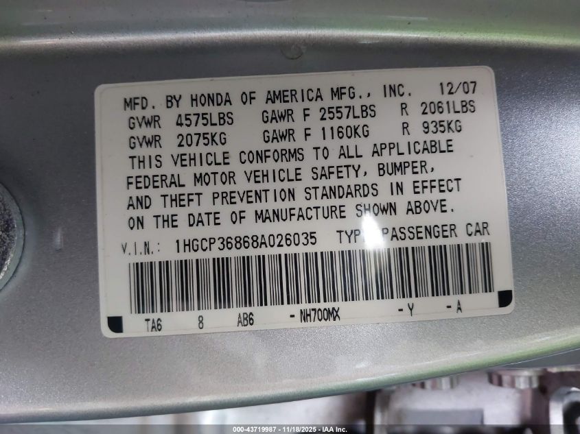 2008 Honda Accord 3.5 Ex-L VIN: 1HGCP36868A026035 Lot: 43719987