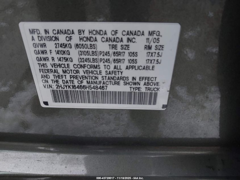 2006 Honda Ridgeline Rts VIN: 2HJYK16466H548467 Lot: 43720017