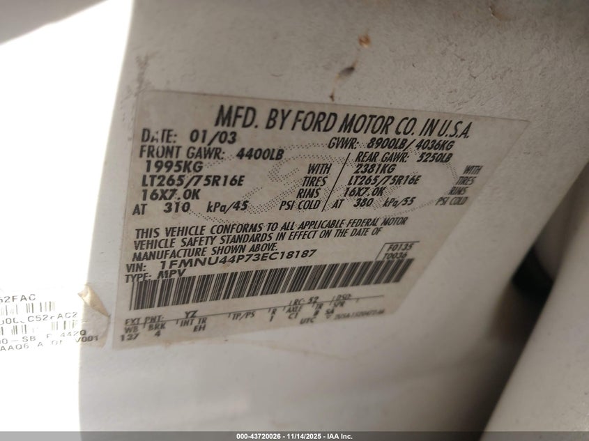 2003 Ford Excursion Eddie Bauer VIN: 1FMNU44P73EC18187 Lot: 43720026