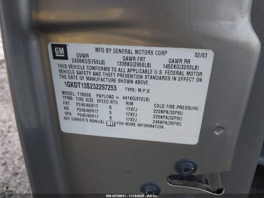 2003 GMC Envoy Slt VIN: 1GKDT13S232287253 Lot: 43720031