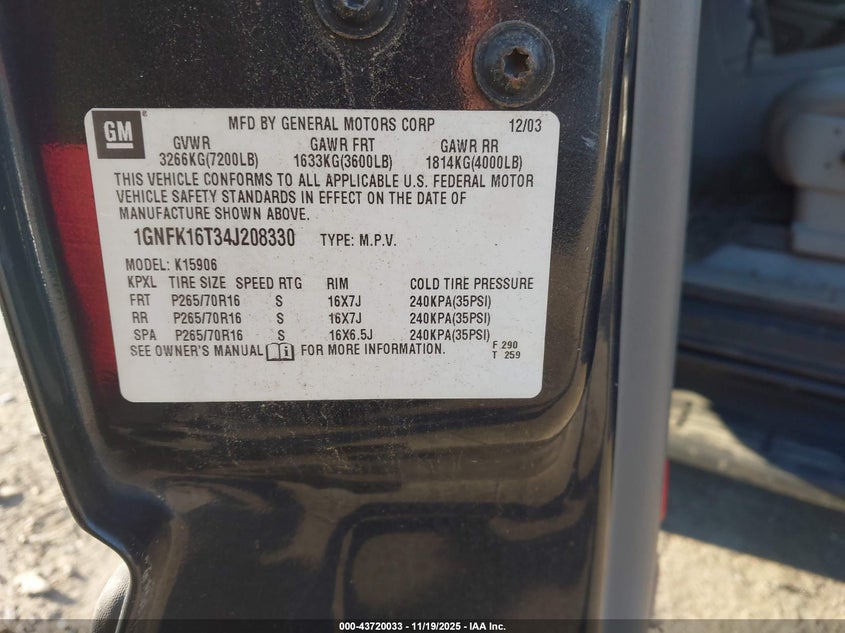 2004 Chevrolet Suburban 1500 Lt VIN: 1GNFK16T34J208330 Lot: 43720033