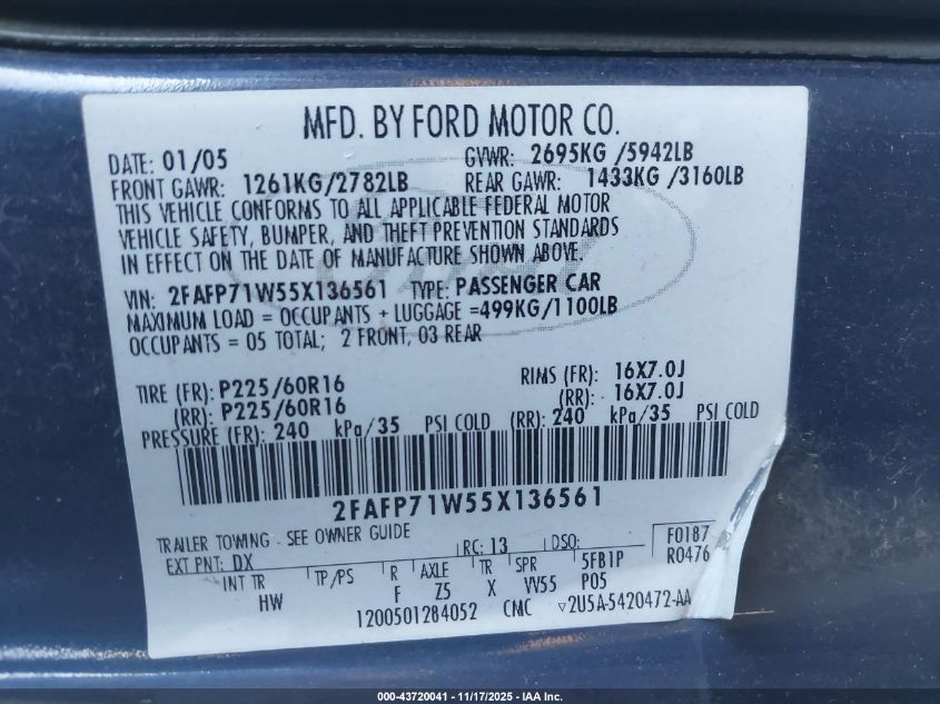 2005 Ford Crown Victoria Police VIN: 2FAFP71W55X136561 Lot: 43720041