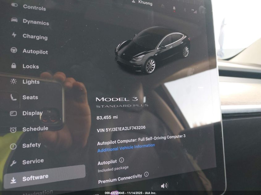 2020 Tesla Model 3 Standard Range Plus Rear-Wheel Drive/Standard Range Rear-Wheel Drive VIN: 5YJ3E1EA2LF743206 Lot: 43720045