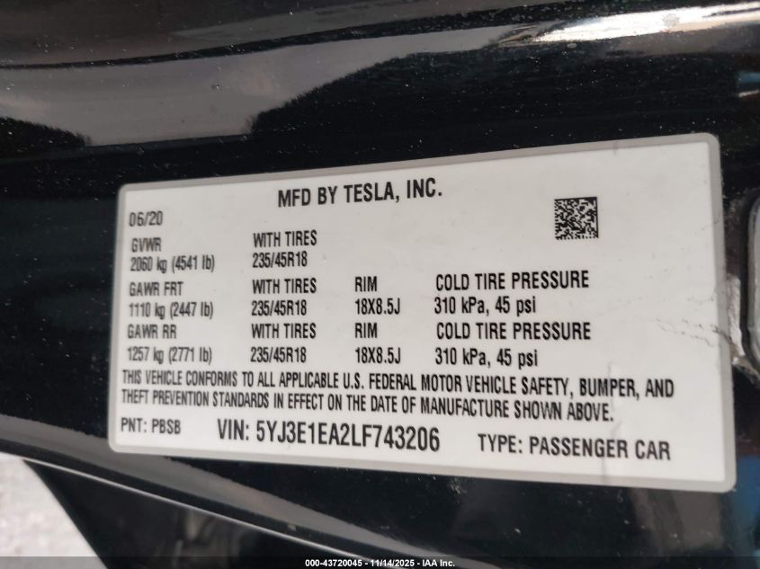 2020 Tesla Model 3 Standard Range Plus Rear-Wheel Drive/Standard Range Rear-Wheel Drive VIN: 5YJ3E1EA2LF743206 Lot: 43720045