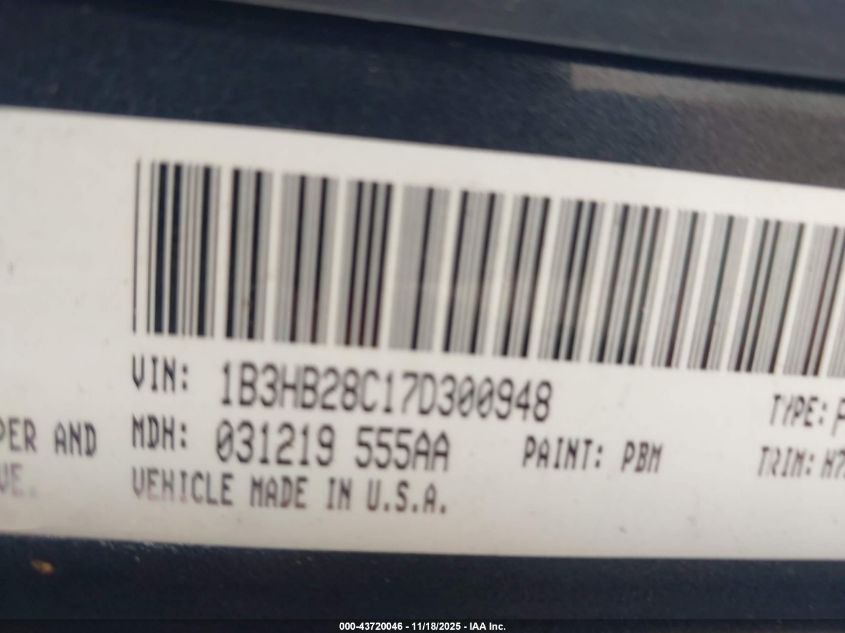 2007 Dodge Caliber VIN: 1B3HB28C17D300948 Lot: 43720046