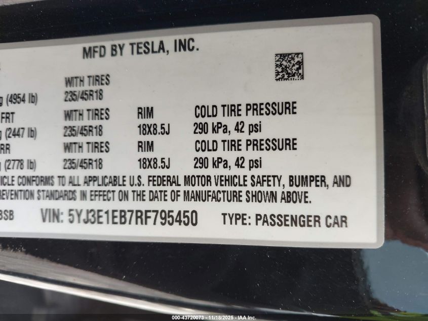 2024 Tesla Model 3 Long Range Dual Motor All-Wheel Drive VIN: 5YJ3E1EB7RF795450 Lot: 43720073