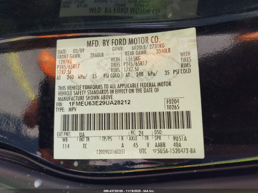 2009 Ford Explorer Xlt VIN: 1FMEU63E29UA28212 Lot: 43720100