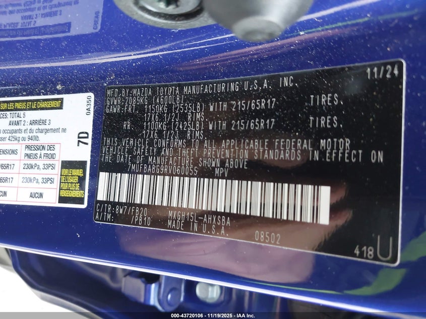 2024 Toyota Corolla Cross Hybrid Se VIN: 7MUFBABG9RV060055 Lot: 43720106