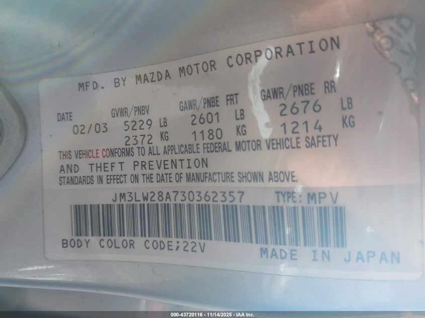 2003 Mazda Mpv Es/Lx/Lx-Sv VIN: JM3LW28A730362357 Lot: 43720116