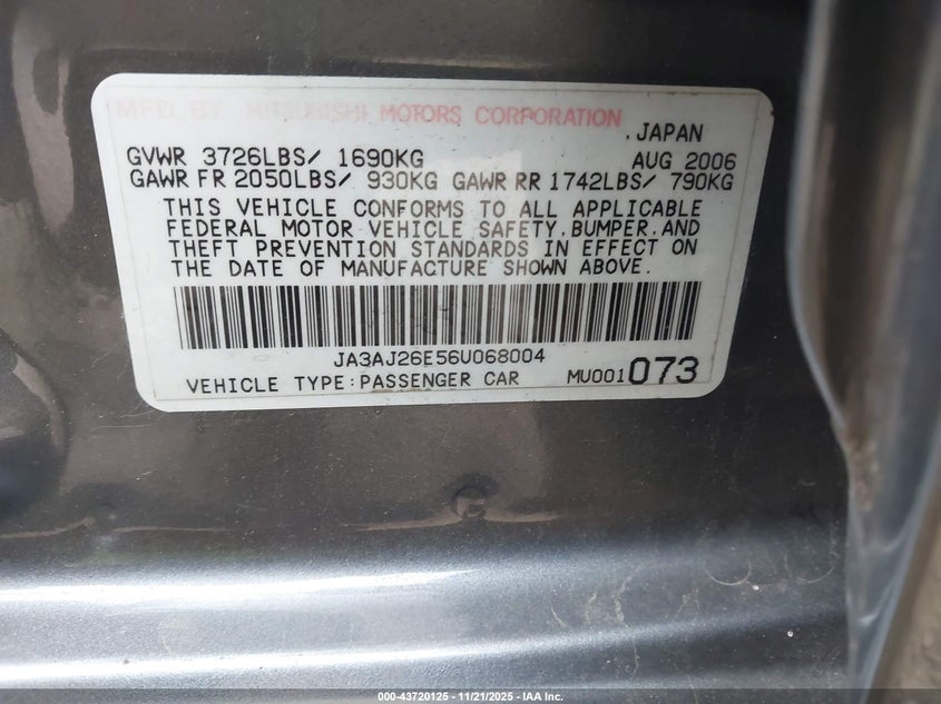 2006 Mitsubishi Lancer Es/Se VIN: JA3AJ26E56U068004 Lot: 43720125