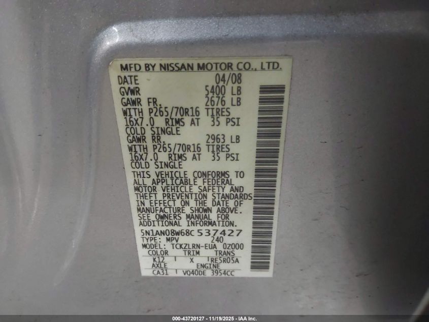 2008 Nissan Xterra S VIN: 5N1AN08W68C537427 Lot: 43720127