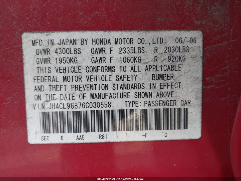2006 Acura Tsx VIN: JH4CL96876C030558 Lot: 43720129