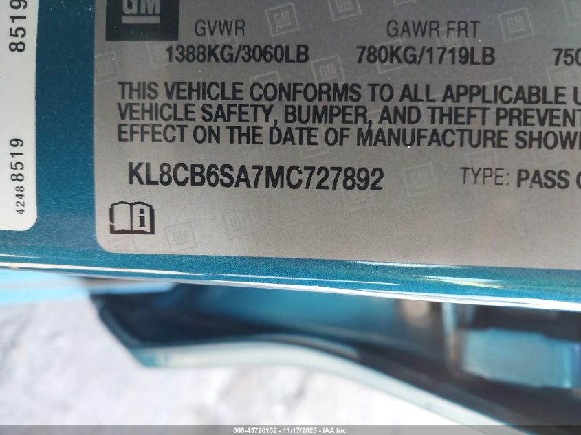 2021 Chevrolet Spark Fwd Ls Automatic VIN: KL8CB6SA7MC727892 Lot: 43720132