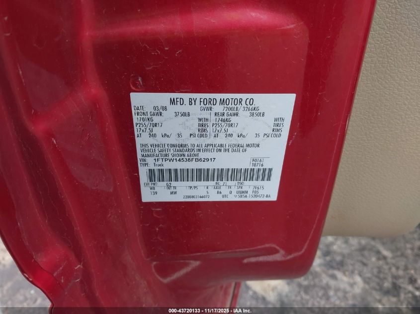 2008 Ford F-150 60Th Anniversary/Fx4/King Ranch/Lariat/Limited/Xlt VIN: 1FTPW14538FB62917 Lot: 43720133