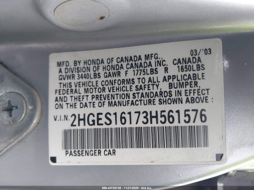 2003 Honda Civic Dx VIN: 2HGES16173H561576 Lot: 43720136