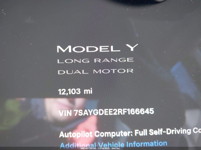 2024 Tesla Model Y Long Range Dual Motor All-Wheel Drive VIN: 7SAYGDEE2RF166645 Lot: 43720138