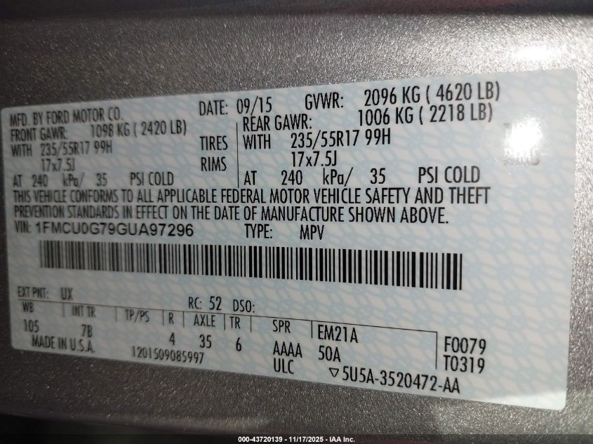 2016 Ford Escape Se VIN: 1FMCU0G79GUA97296 Lot: 43720139