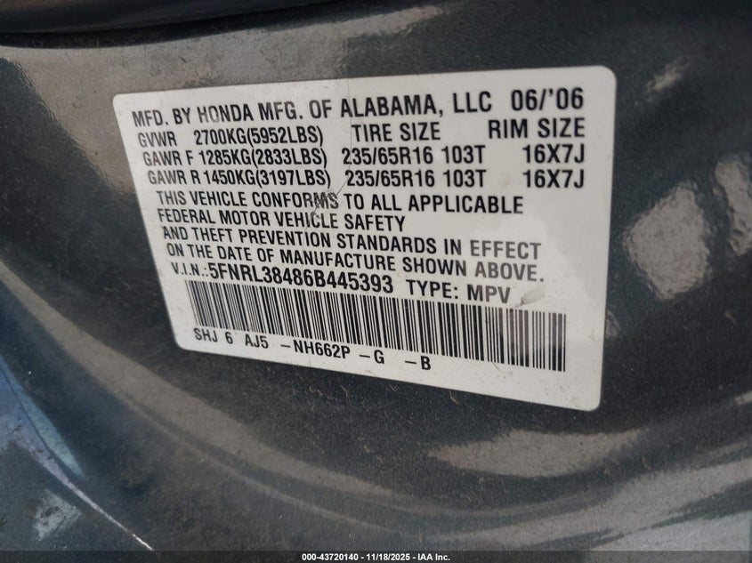 2006 Honda Odyssey Ex VIN: 5FNRL38486B445393 Lot: 43720140