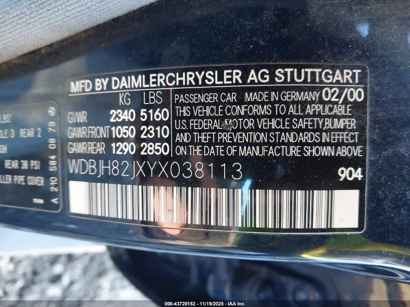 2000 Mercedes-Benz E 320 4M VIN: WDBJH82JXYX038113 Lot: 43720152