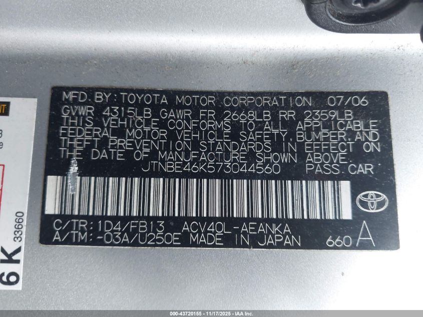 2007 Toyota Camry Le VIN: JTNBE46K573044560 Lot: 43720155