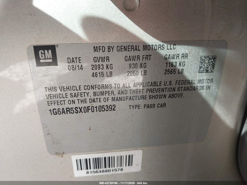 2015 Cadillac Cts Luxury VIN: 1G6AR5SX0F0105392 Lot: 43720160