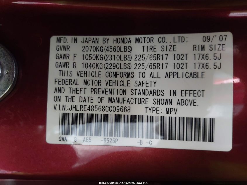 2008 Honda Cr-V Ex VIN: JHLRE48568C009668 Lot: 43720163