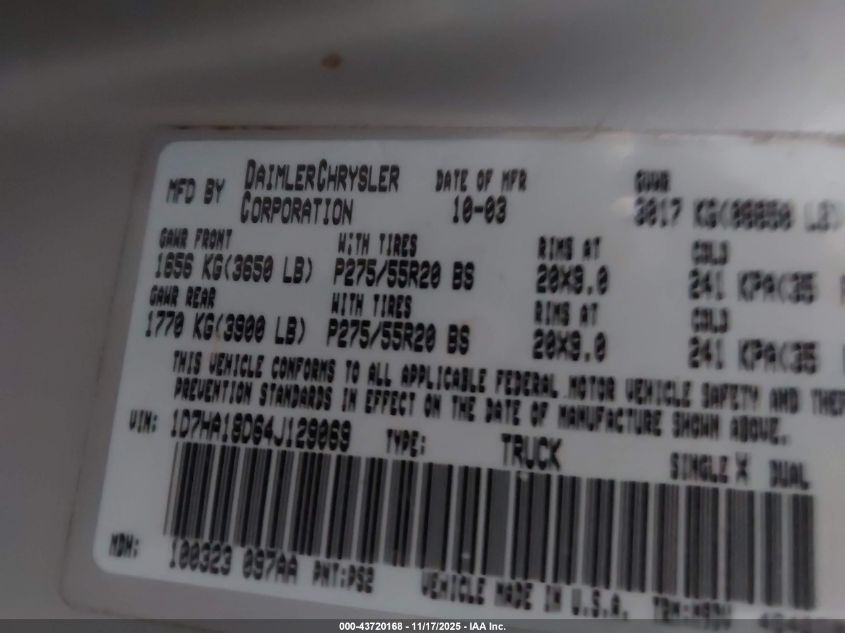 2004 Dodge Ram 1500 Slt/Laramie VIN: 1D7HA18D64J129069 Lot: 43720168