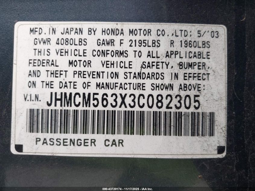 2003 Honda Accord 2.4 Lx VIN: JHMCM563X3C082305 Lot: 43720174
