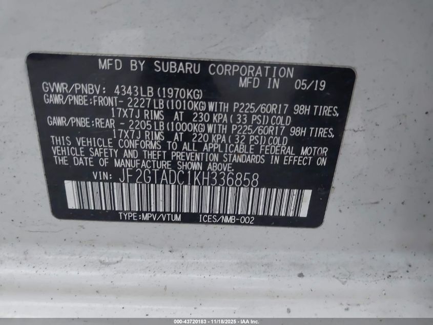 2019 Subaru Crosstrek 2.0I Premium VIN: JF2GTADC1KH336858 Lot: 43720183