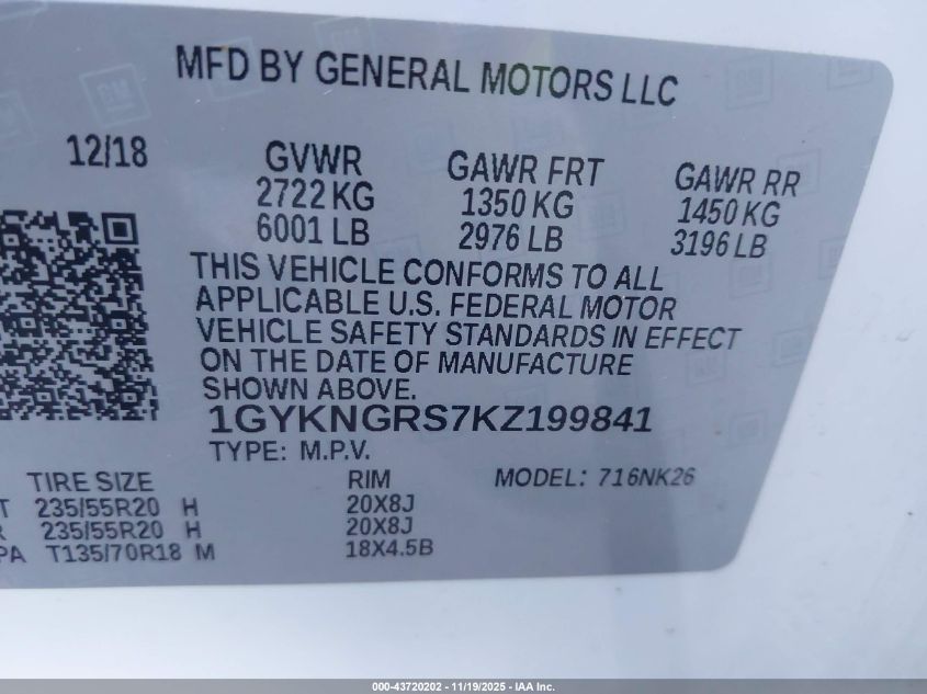 2019 Cadillac Xt5 Platinum VIN: 1GYKNGRS7KZ199841 Lot: 43720202