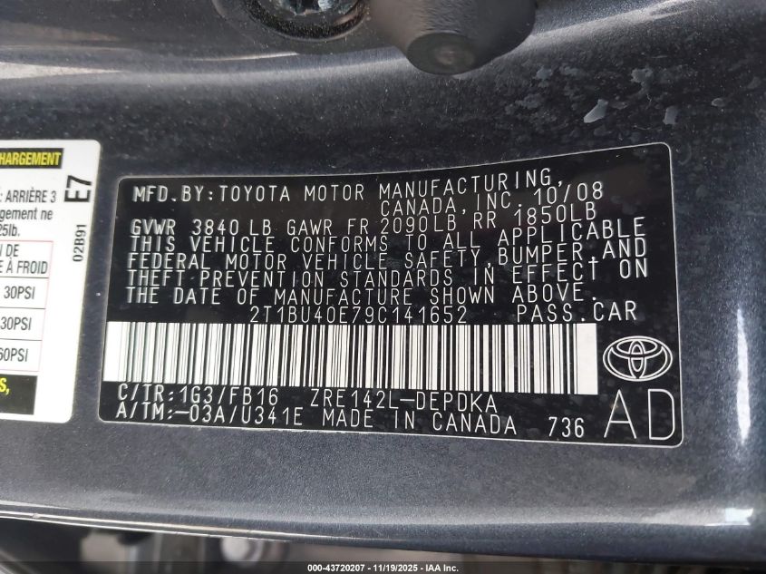 2009 Toyota Corolla Le VIN: 2T1BU40E79C141652 Lot: 43720207