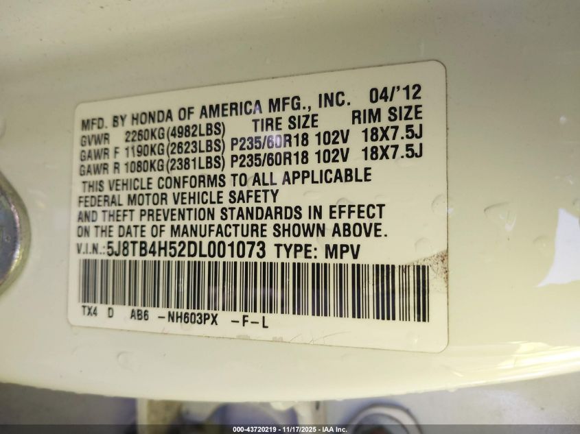 2013 Acura Rdx VIN: 5J8TB4H52DL001073 Lot: 43720219