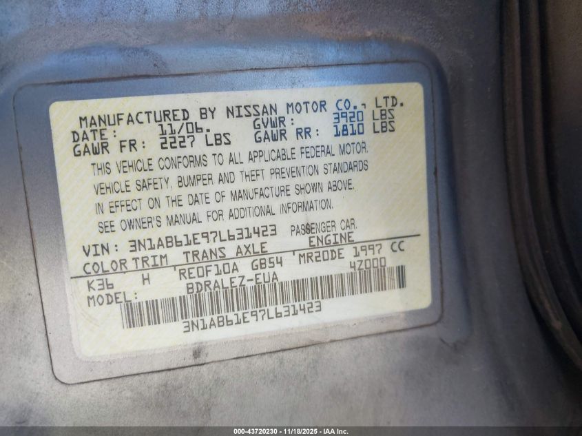 2007 Nissan Sentra 2.0S VIN: 3N1AB61E97L631423 Lot: 43720230