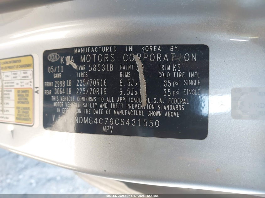 2012 Kia Sedona Lx VIN: KNDMG4C79C6431550 Lot: 43720247