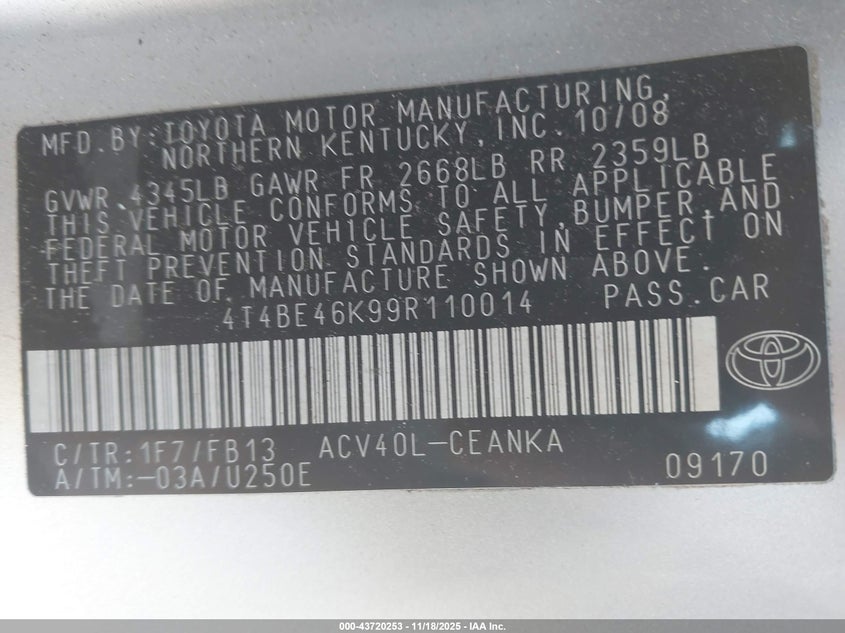 4T4BE46K99R110014 2009 TOYOTA CAMRY photo no. 9