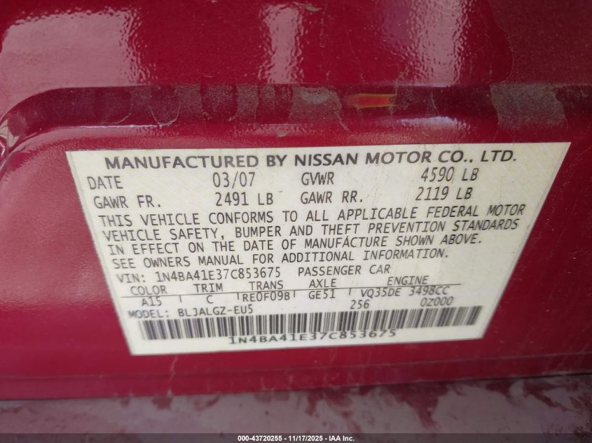 2007 Nissan Maxima 3.5 Sl VIN: 1N4BA41E37C853675 Lot: 43720255