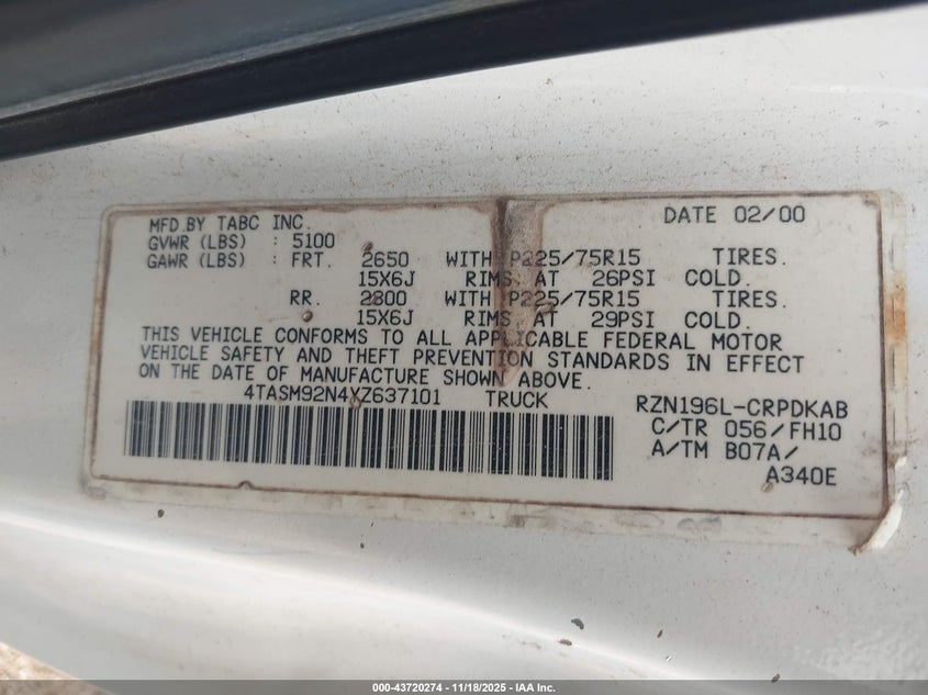 2000 Toyota Tacoma Prerunner VIN: 4TASM92N4YZ637101 Lot: 43720274