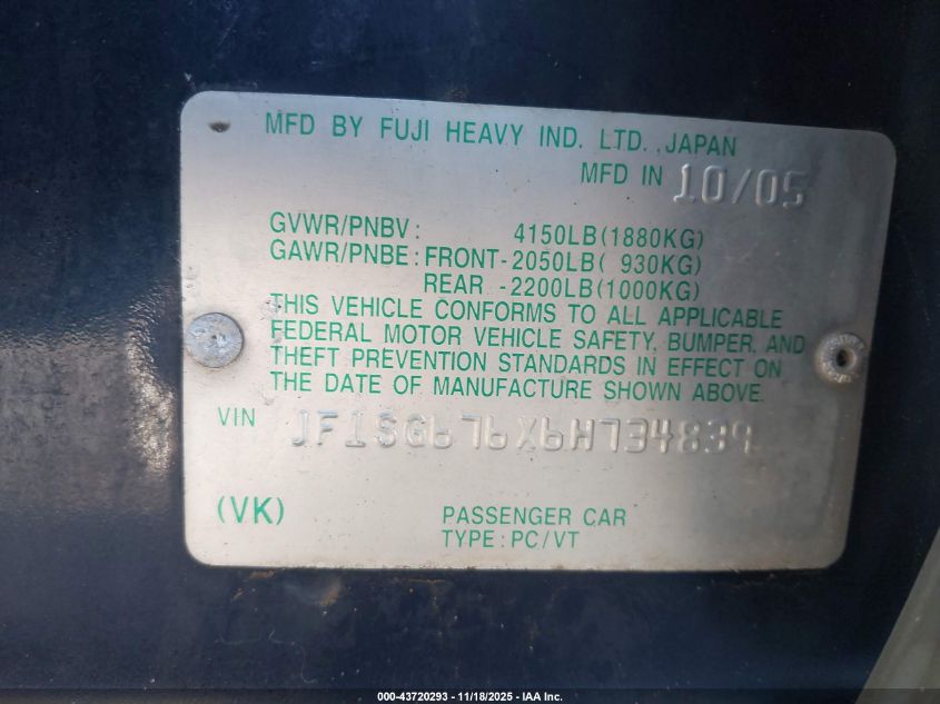 2006 Subaru Forester 2.5X L.l. Bean Edition VIN: JF1SG676X6H734839 Lot: 43720293