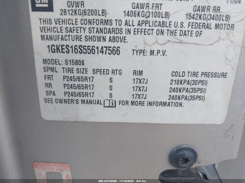 2005 GMC Envoy Xl Sle VIN: 1GKES16S556147566 Lot: 43720308