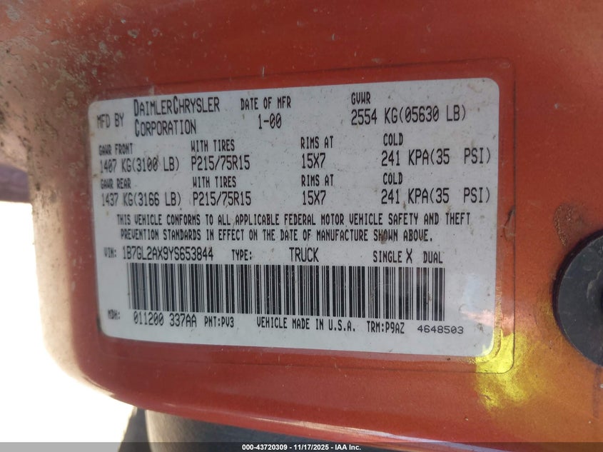 1B7GL2AX9YS653844 2000 DODGE DAKOTA photo no. 9