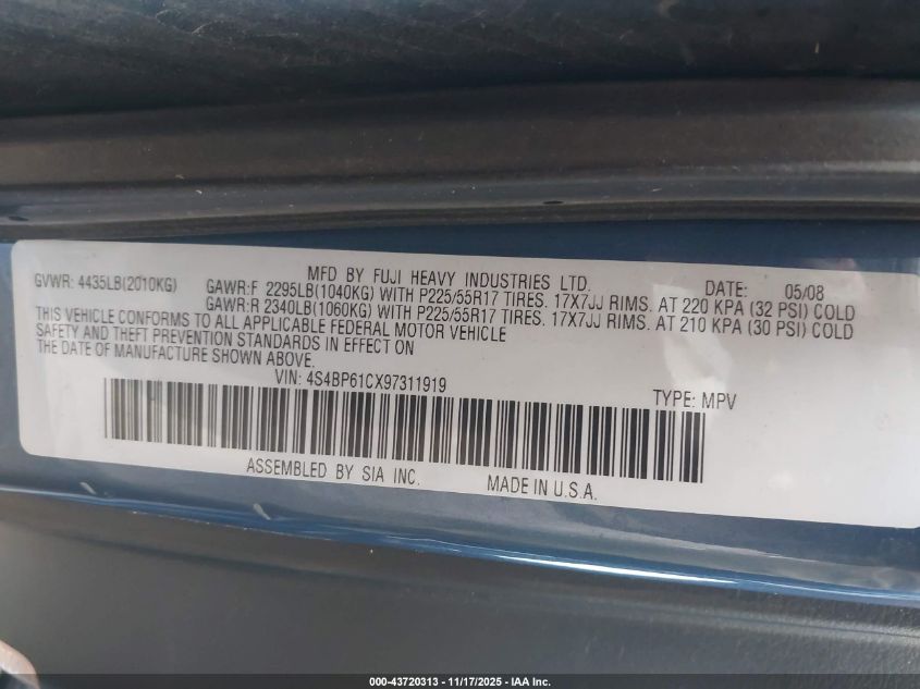 2009 Subaru Outback 2.5I VIN: 4S4BP61CX97311919 Lot: 43720313