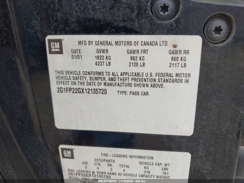 2001 Chevrolet Camaro Z28 VIN: 2G1FP22GX12135720 Lot: 43720316