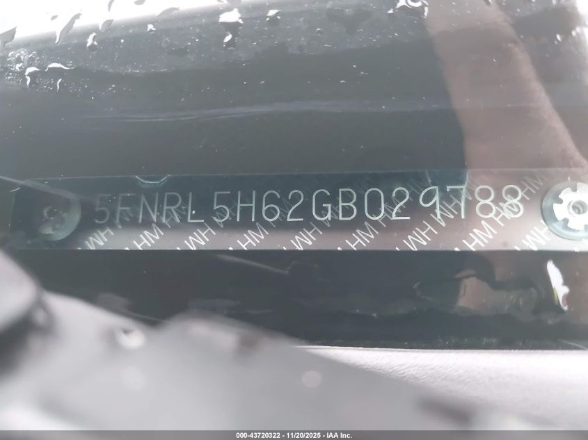 2016 Honda Odyssey Ex-L VIN: 5FNRL5H62GB029788 Lot: 43720322